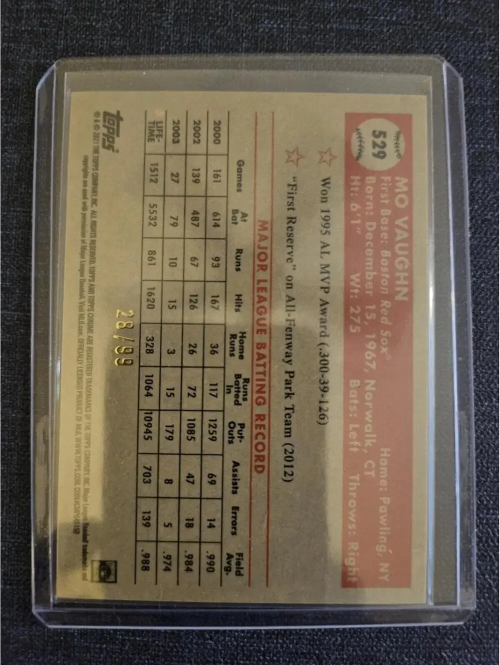 Mo Vaughn [Green Yellow Refractor] #529 2021 Topps Chrome Platinum Anniv  28/99 - Picture 2 of 3